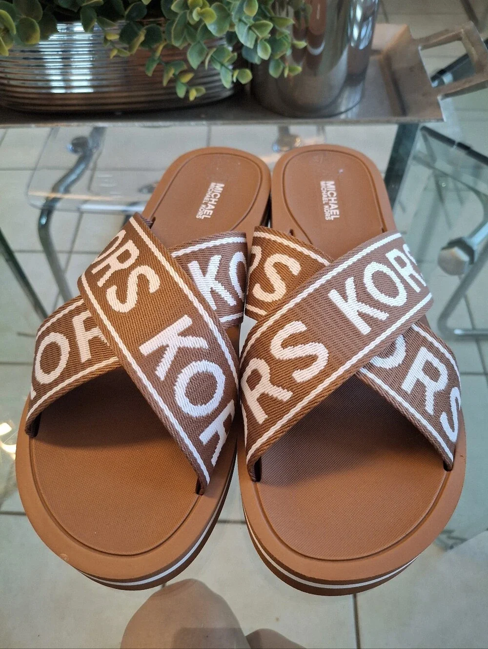 Michael Kors Brown Logo Crisscross Slide Sandals